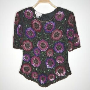 Lawrence Kazar Silk Beaded Floral Sequin Blouse Top‎ Women's L